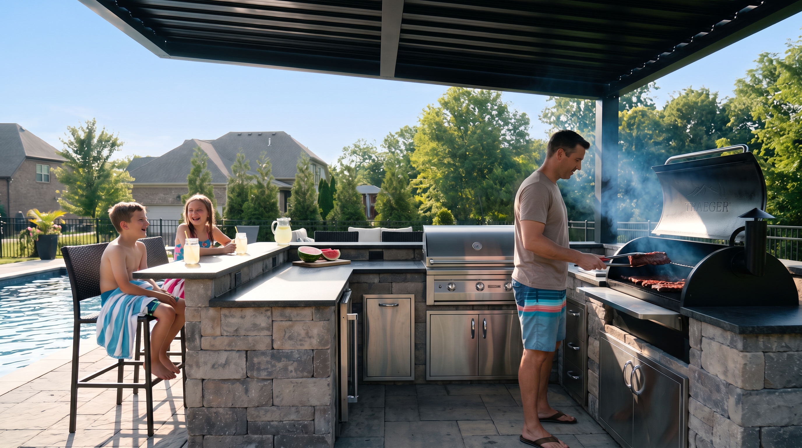 Father grilling at a stone outdoor kitchen with bar seating while kids drink lemonade beside the pool